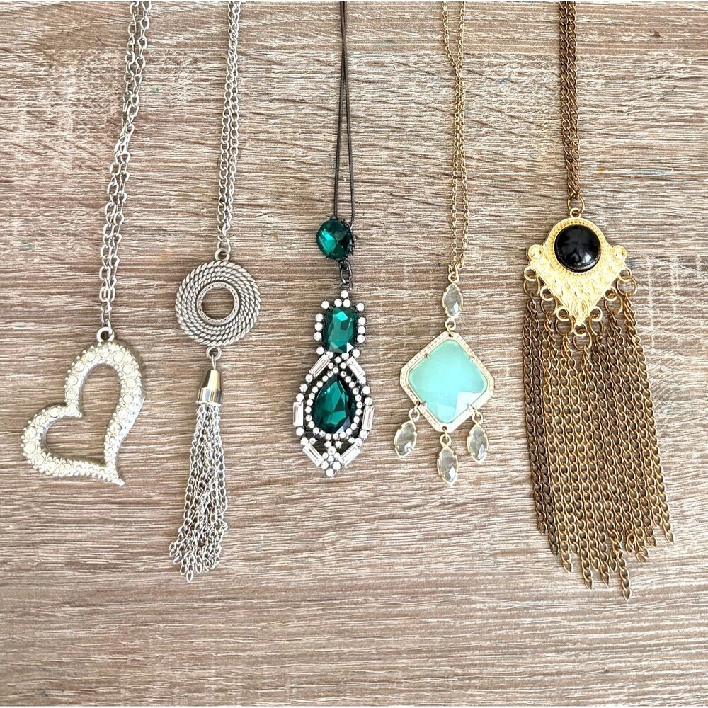 Long Pendant Necklace Lot 5 Silver Gold Emerald Green Rhinestone Tassel Heart